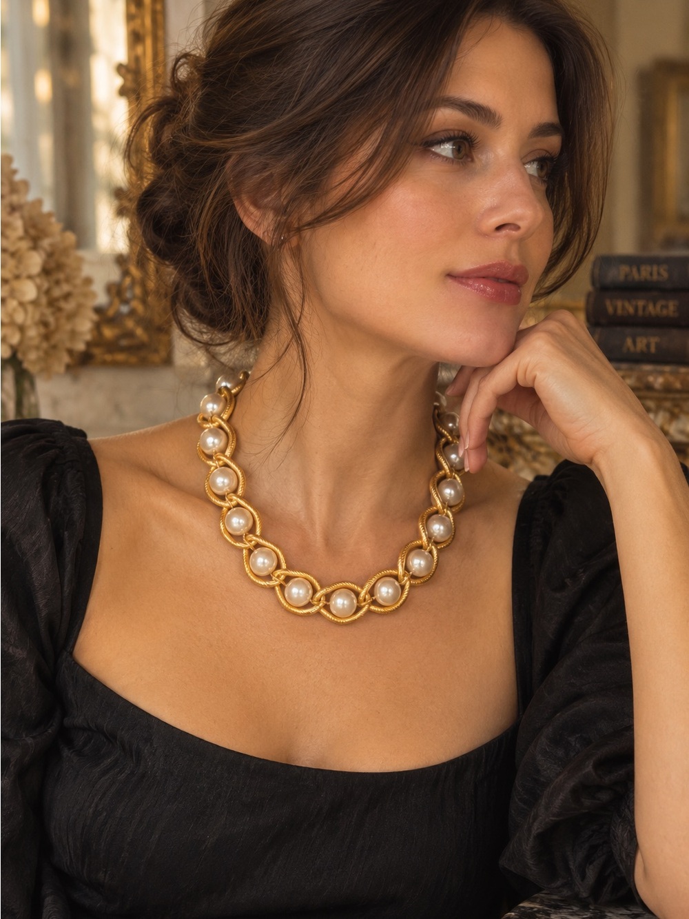 Vintage Gold Tone Pearl Gumball Statement Necklace Chunky Retro Glam